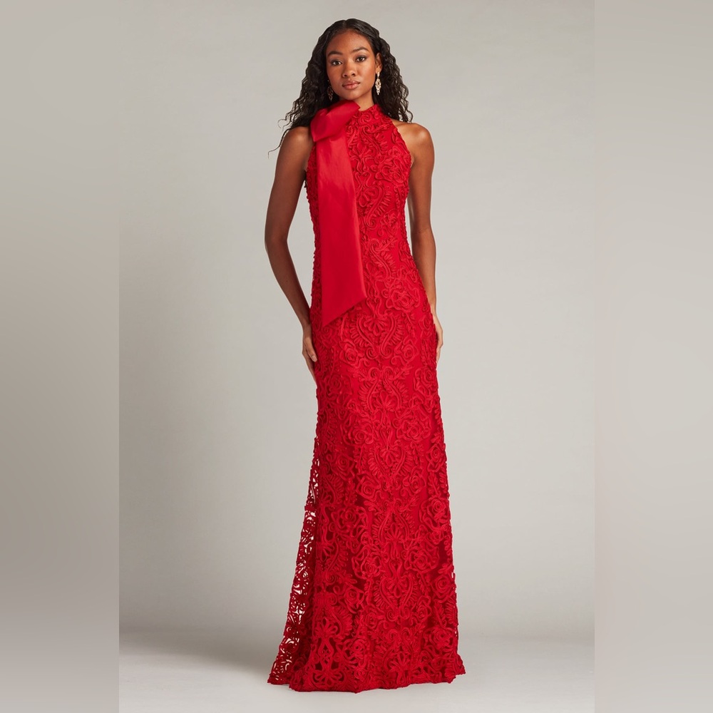 TADASHI SHOJI - IRIA SHOULDER BOW LACE HALTER GOWN